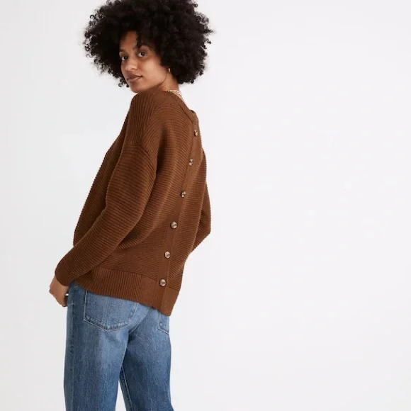 ⭐️ Madewell Greensboro Button-back Ribbed Sweater Heather Cinnamon Brown LARGE - Picture 1 of 13